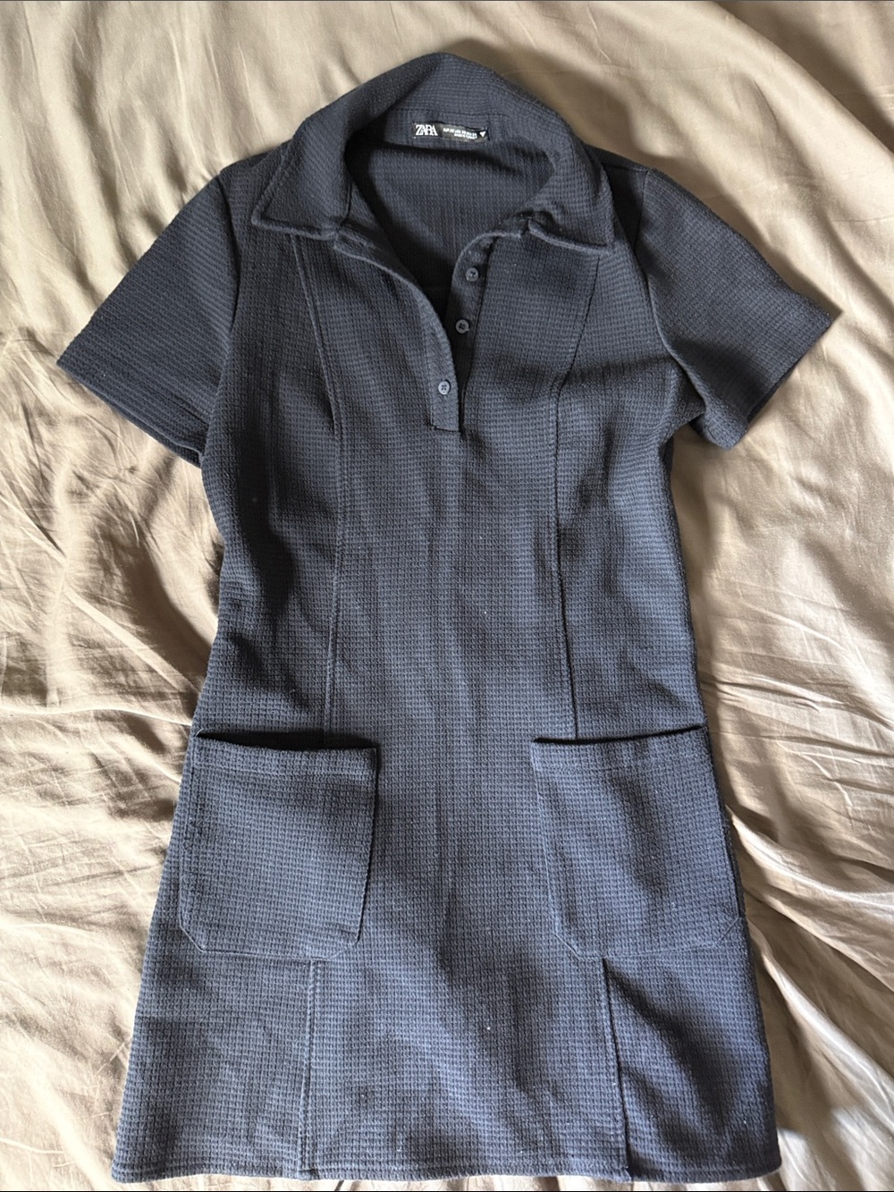 Zara Textured Short Sleeve Mini Dress in Navy